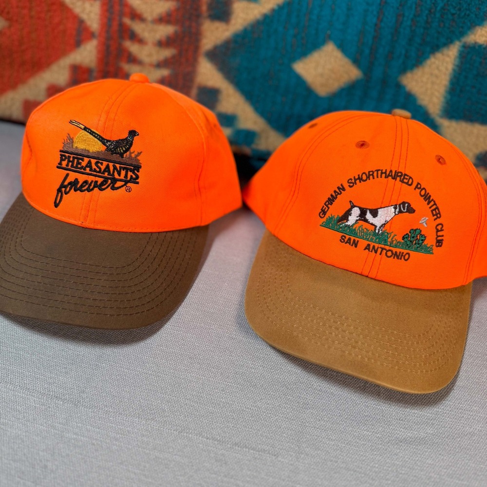 Vintage Pheasants Forever & German Pointer Orange Hunting Hats Brown leather